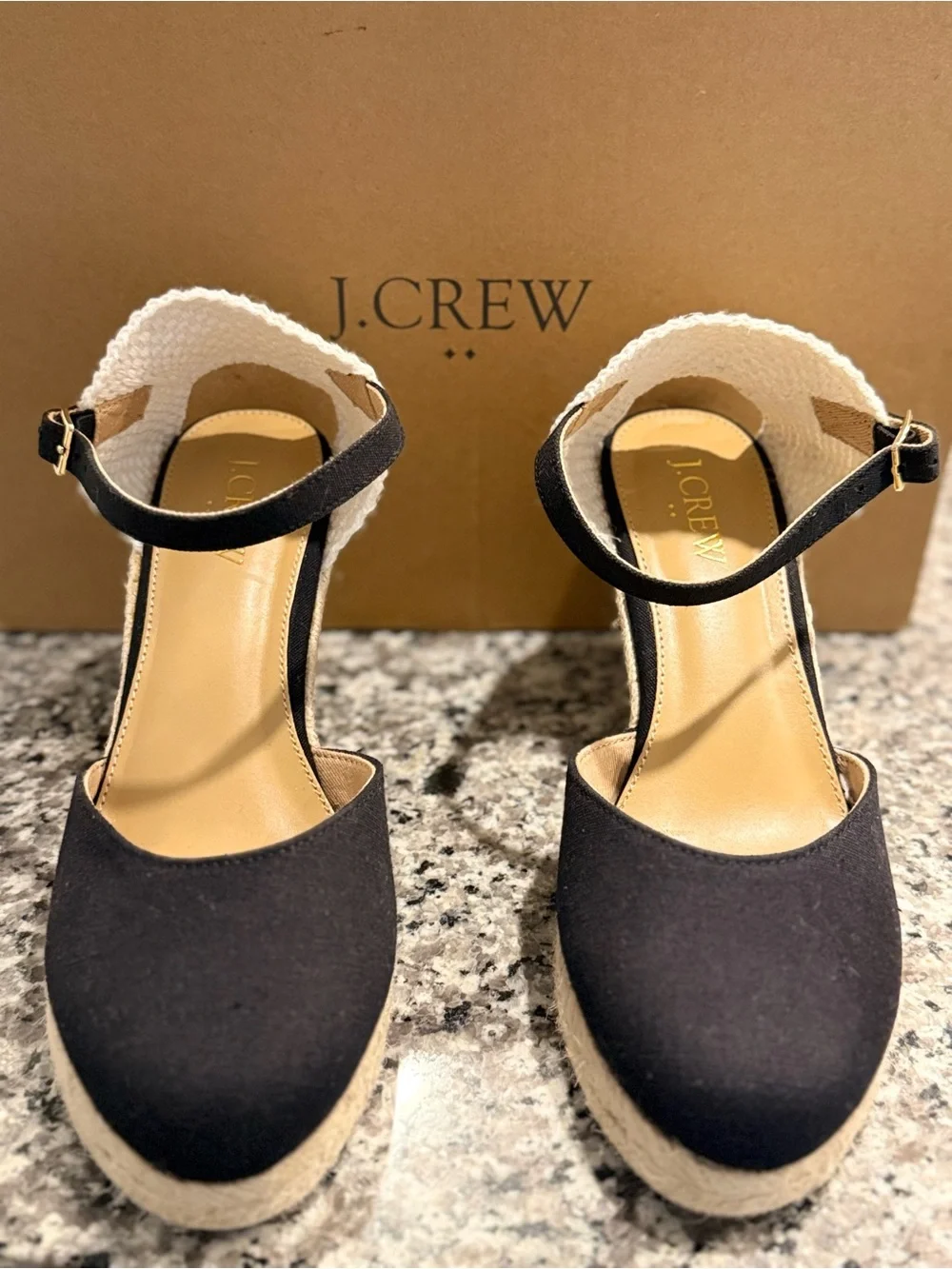 J. Crew Black Canvas and White Woven Espadrille Wedges